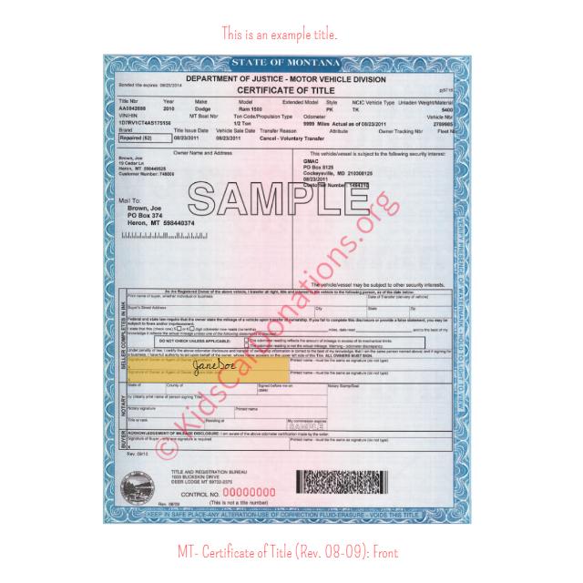This is an Example of Montana Certificate of Title (Rev. 08-09) Front View | Kids Car Donations